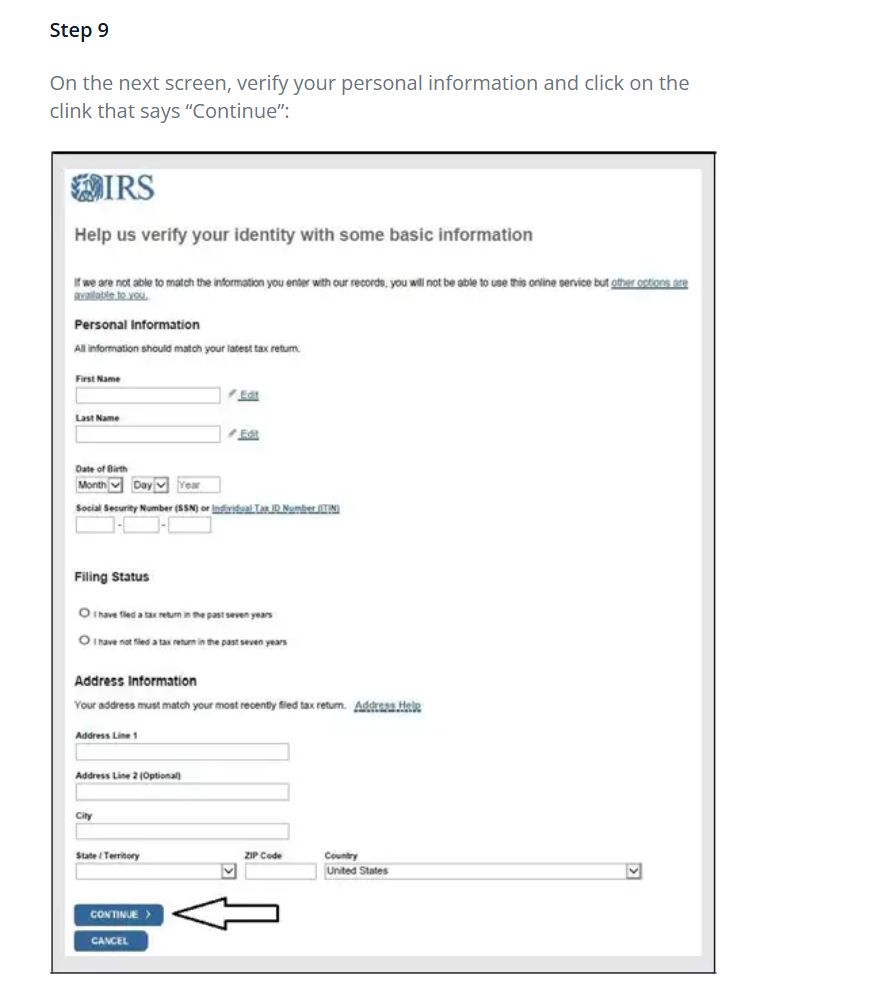 IRS identity verification form for personal and address details