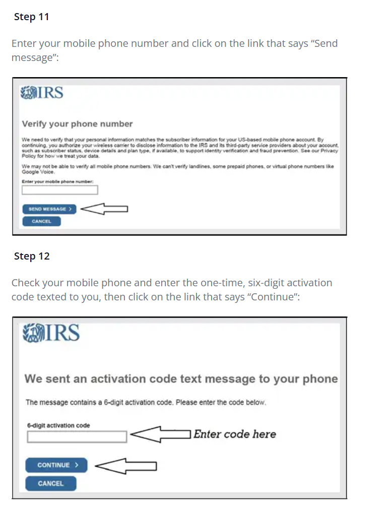 IRS phone number verification screen