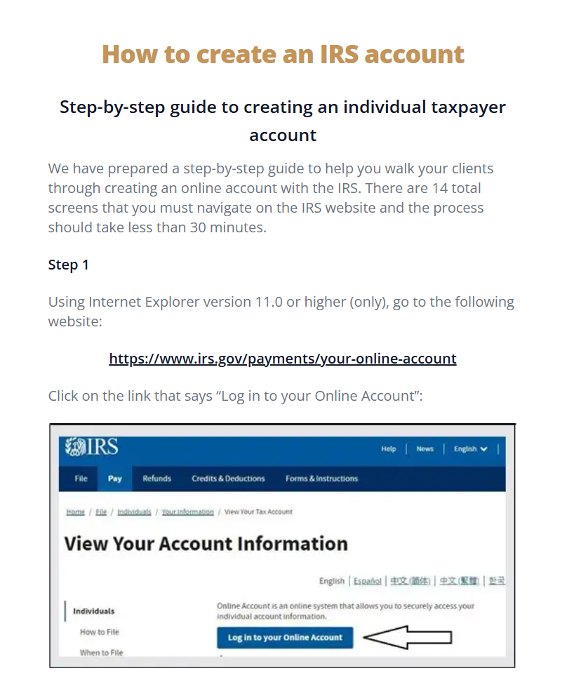 IRS online account page with the login button highlighted