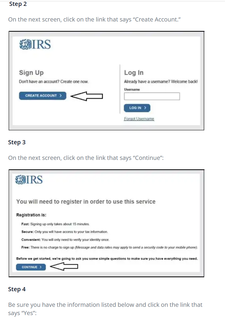 IRS sign-up page with Create Account highlighted
