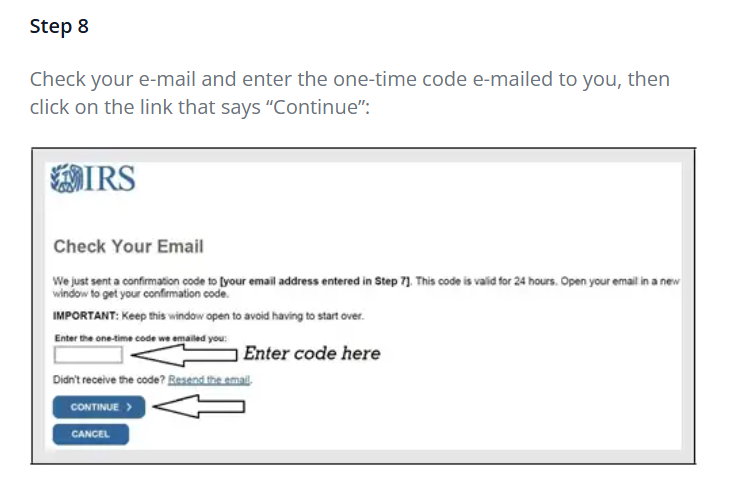 IRS email verification screen with the code field highlighted