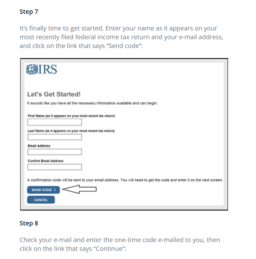 IRS registration form requesting a name and email address